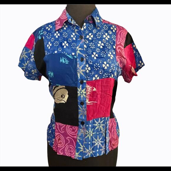 Y2K Indonesian Boho Multicolor Patchwork Mixed Print Rayon Top S Funky Artsy - Picture 1 of 5